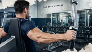 Pec deck reverse : pratiquant sur machine, poignées à hauteur d’épaules