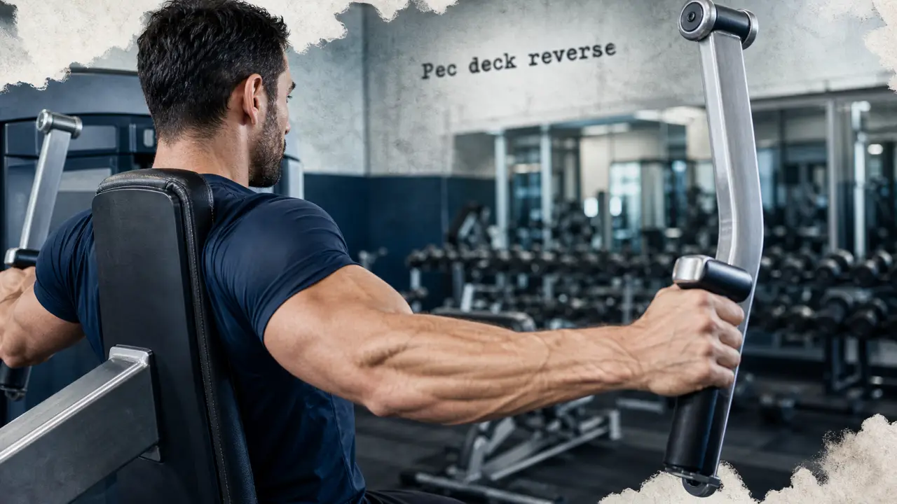 Pec deck reverse : pratiquant sur machine, poignées à hauteur d’épaules