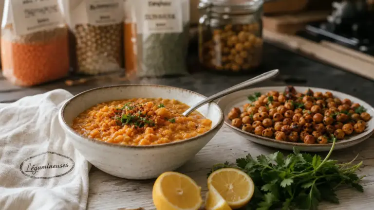 Pourquoi manger des légumineuses : lentilles et pois chiches sur table en bois