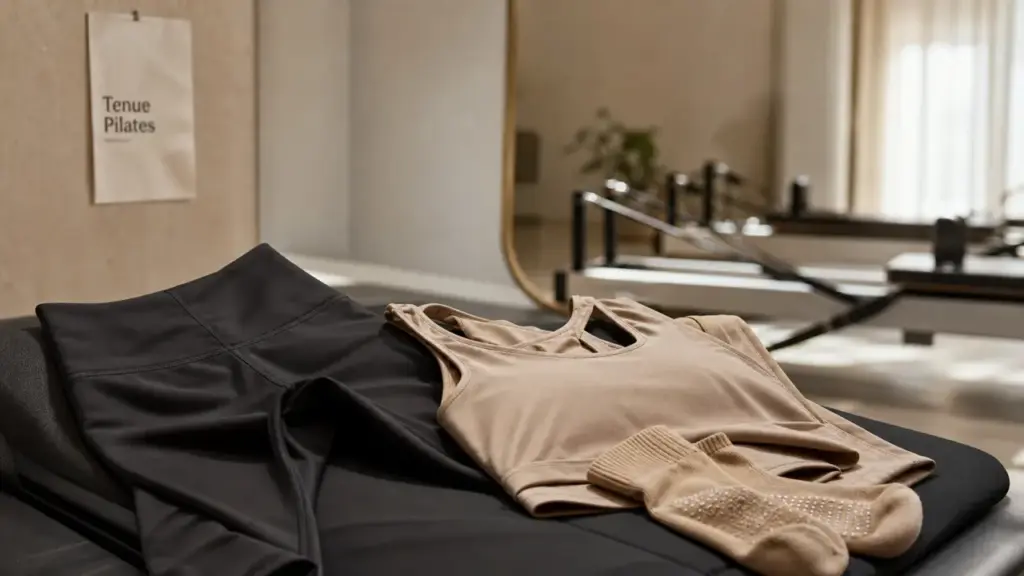 Tenue pour pilates : legging, brassière et chaussettes antidérapantes sur tapis