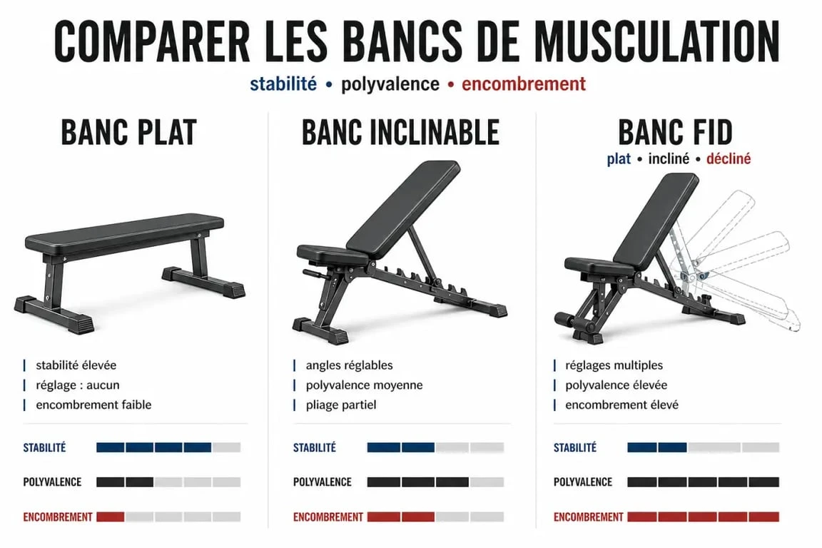 Banc de musculation : comparaison visuelle entre banc plat, inclinable et multipositions FID