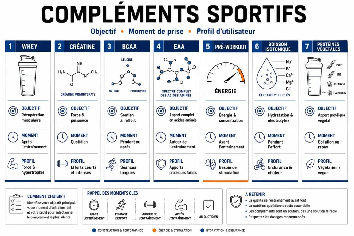 Fitness World Nutrition : tableau comparatif des compléments de nutrition sportive selon l’objectif, le moment de prise et le profil utilisateur
