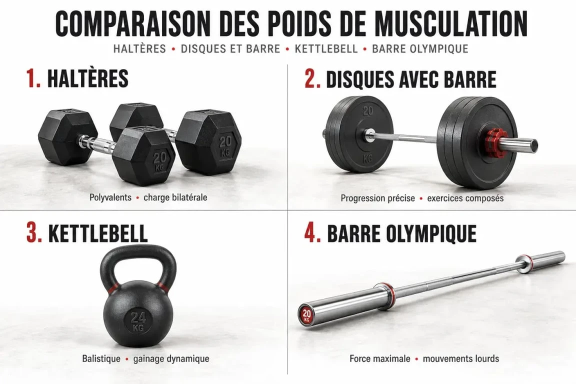 Comparatif poid musculation entre haltères, disques, kettlebells et barres