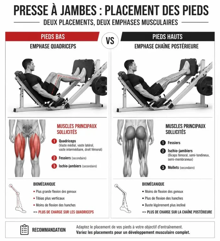 Placement des pieds sur presse musculation pour cibler les muscles