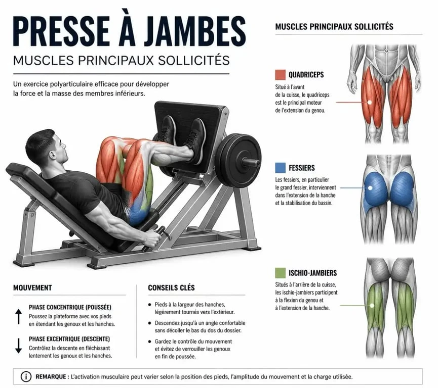 Schéma des muscles sollicités par la presse musculation