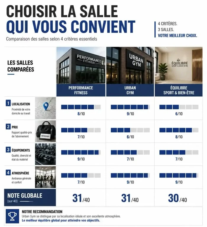 Infographie comparative des critères pour choisir sa salle de musculation