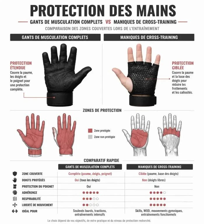 Comparatif visuel entre gants de musculation et maniques pour choisir sa protection