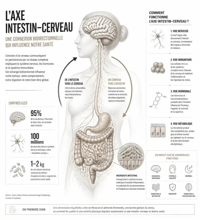 Schéma de l'axe intestin-cerveau dans le cadre de la psychonutrition et des compléments alimentaires du Dr Guillaume Fond