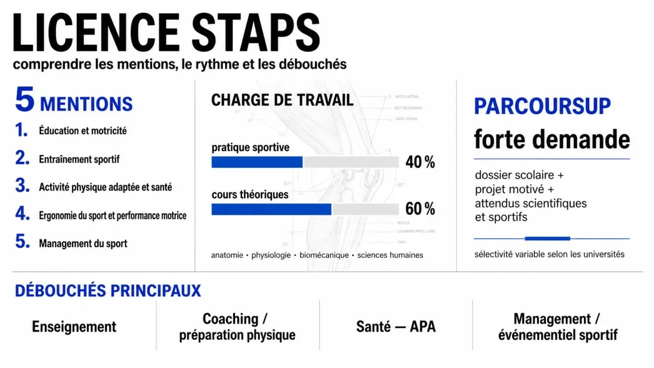 Licence STAPS : synthèse visuelle des 5 mentions, de la charge de travail et des débouchés