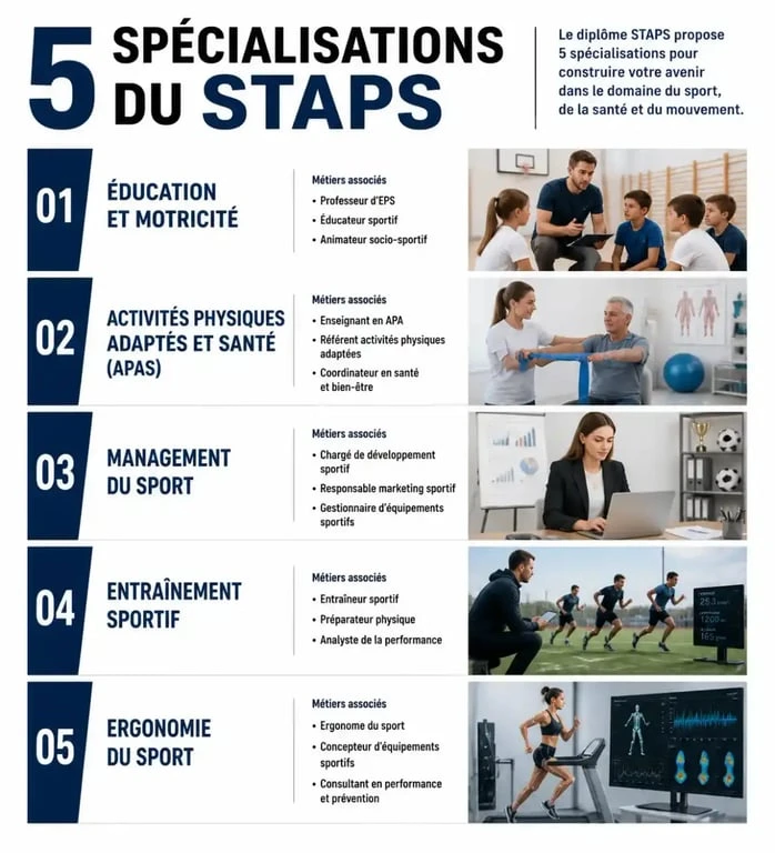 Infographie des 5 spécialisations de la licence STAPS et leurs débouchés professionnels