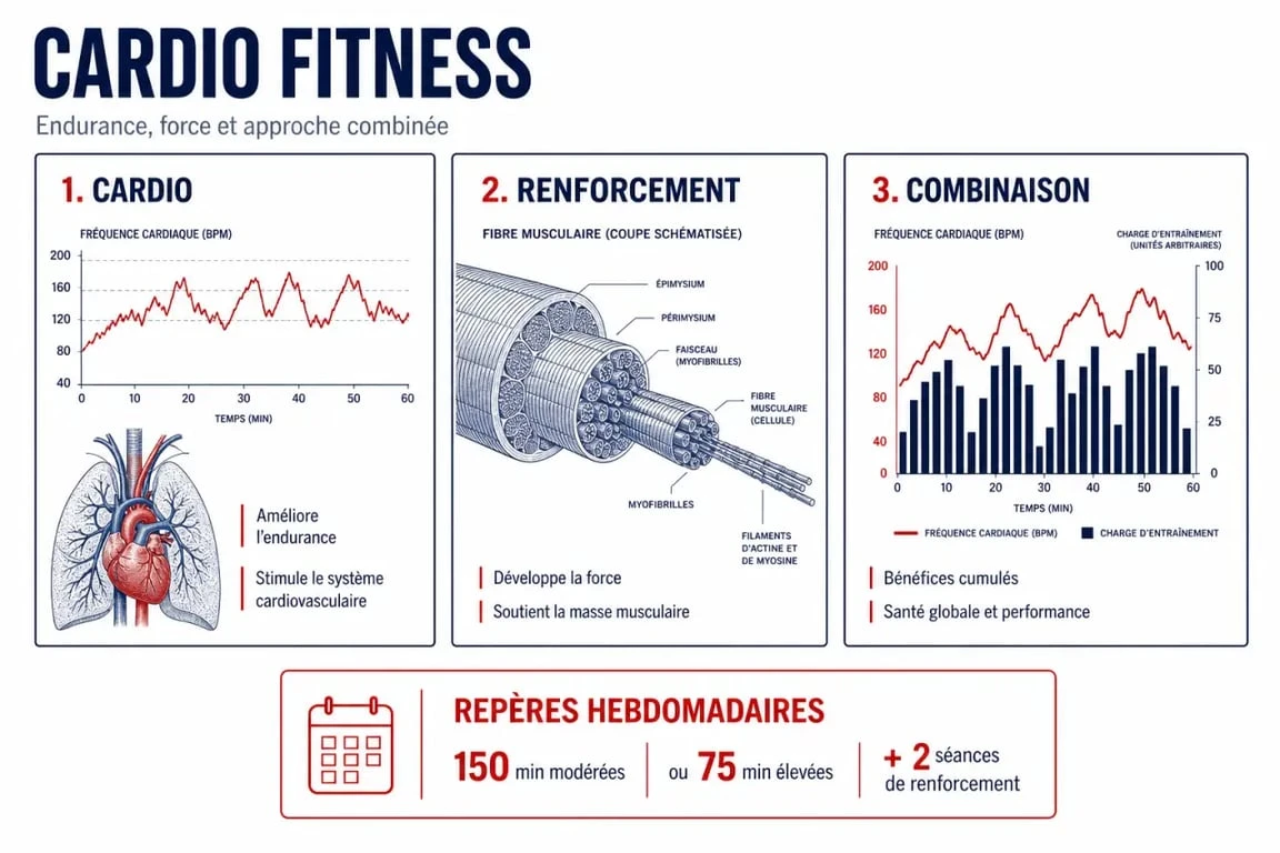 Cardio for fitness : comparaison visuelle entre cardio, renforcement musculaire et repères hebdomadaires