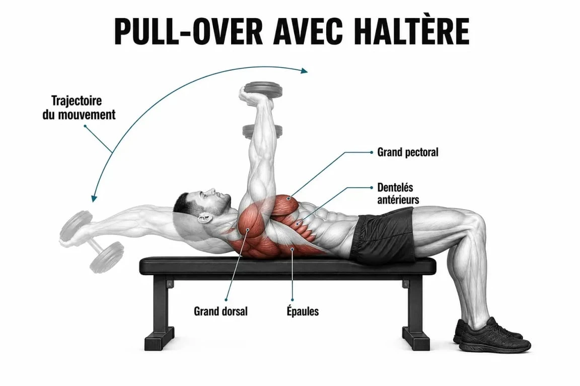 Schéma du pull over musculation montrant l’arc de mouvement et les muscles sollicités