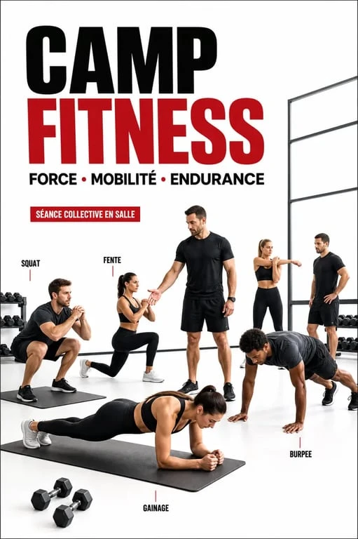 Fitness camp en groupe encadré par un coach, séance dynamique en salle
