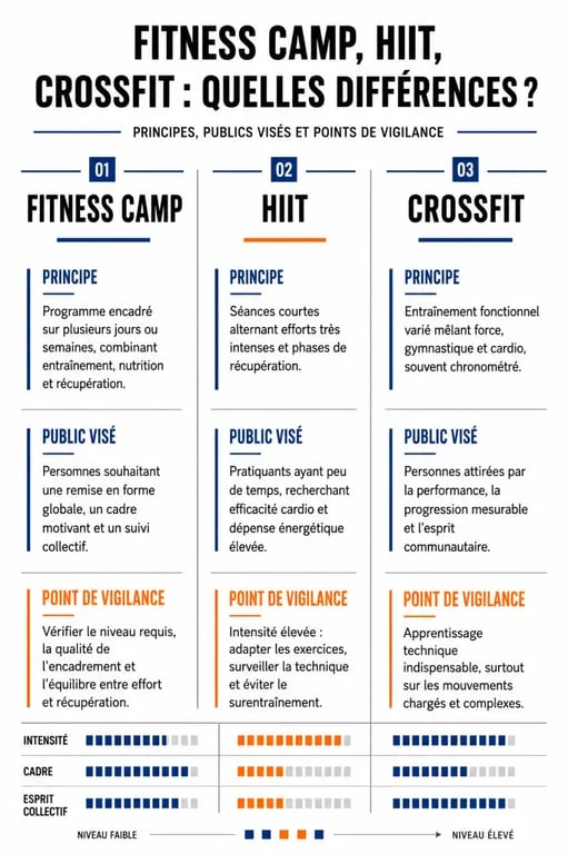 Fitness camp comparé à HIIT et CrossFit dans une infographie claire