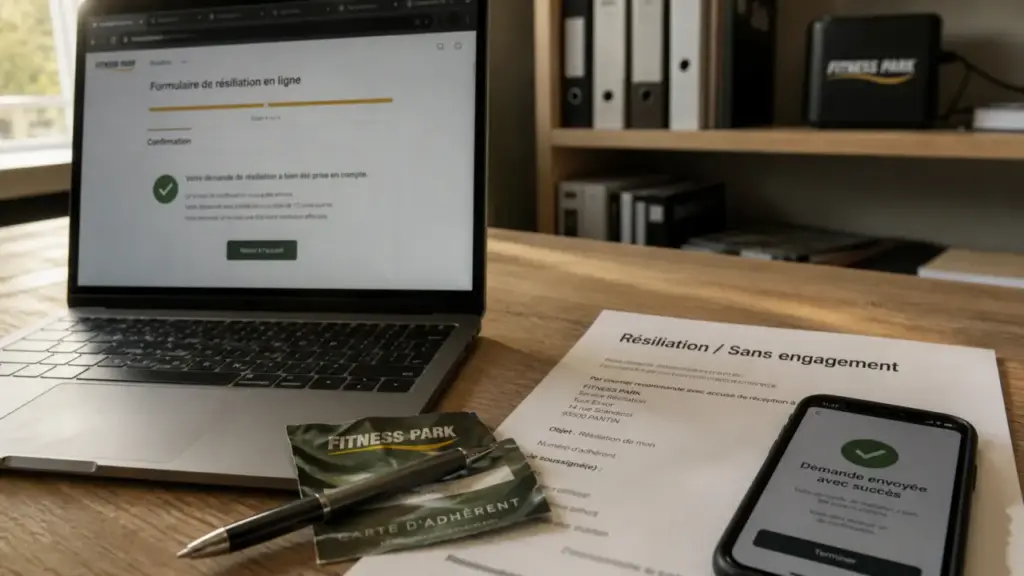 Fitness park desabonnement : document de résiliation sans engagement, ordinateur et confirmation