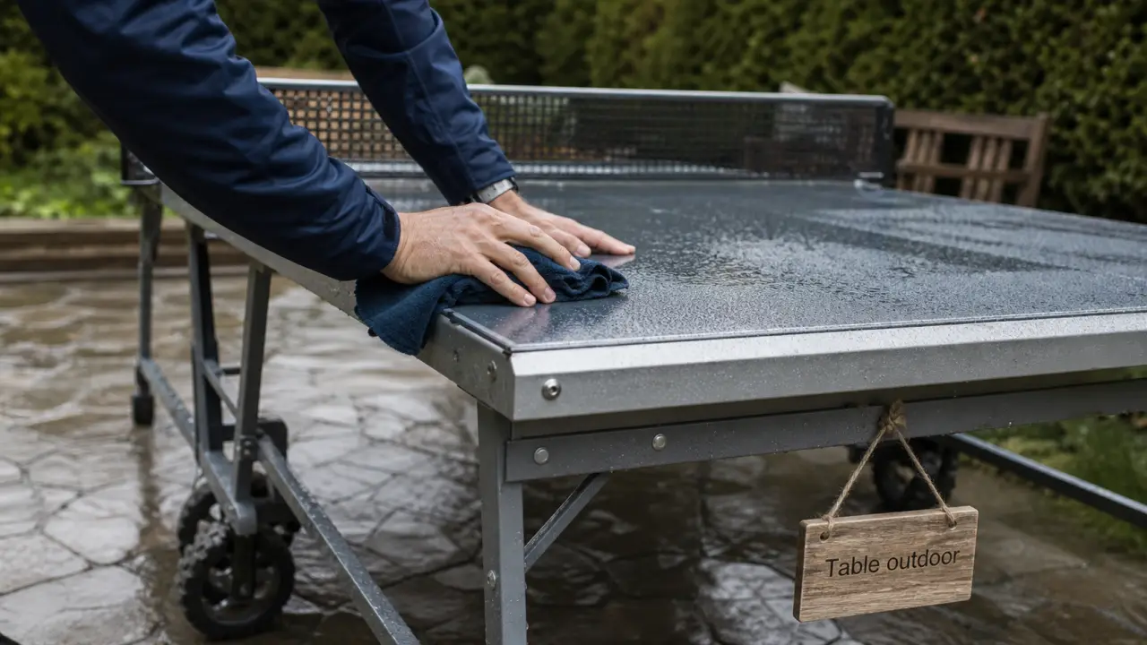 Table ping pong exterieur en résine et alu, filet intégré, roues tout-terrain, après la pluie