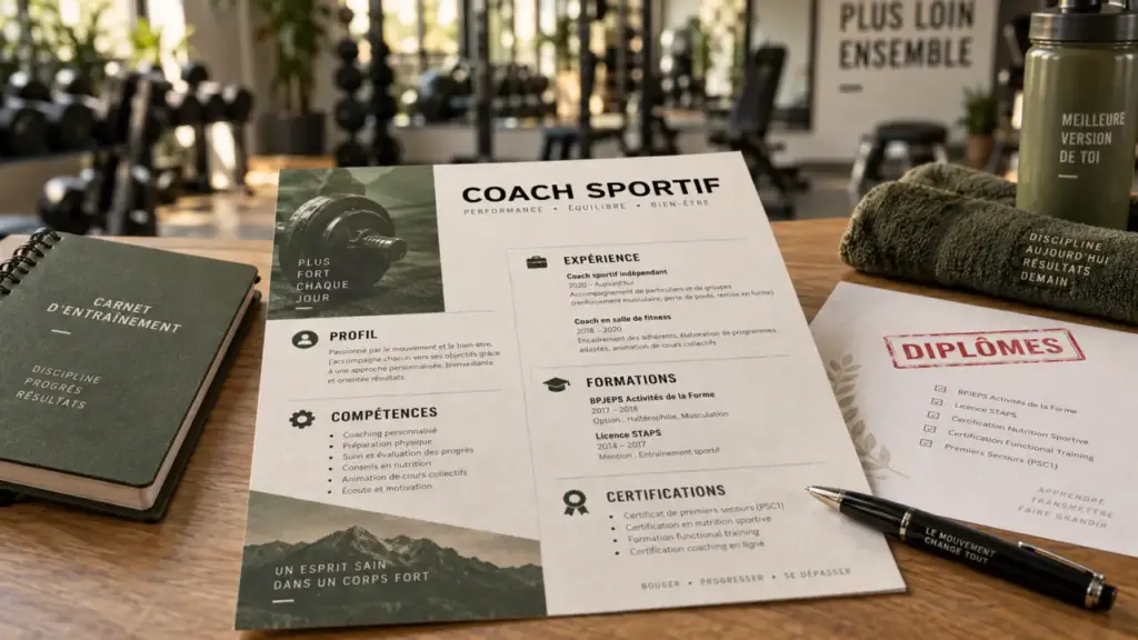 CV coach sportif avec rubriques de méthode sur table, salle de fitness floue