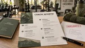 CV coach sportif avec rubriques de méthode sur table, salle de fitness floue