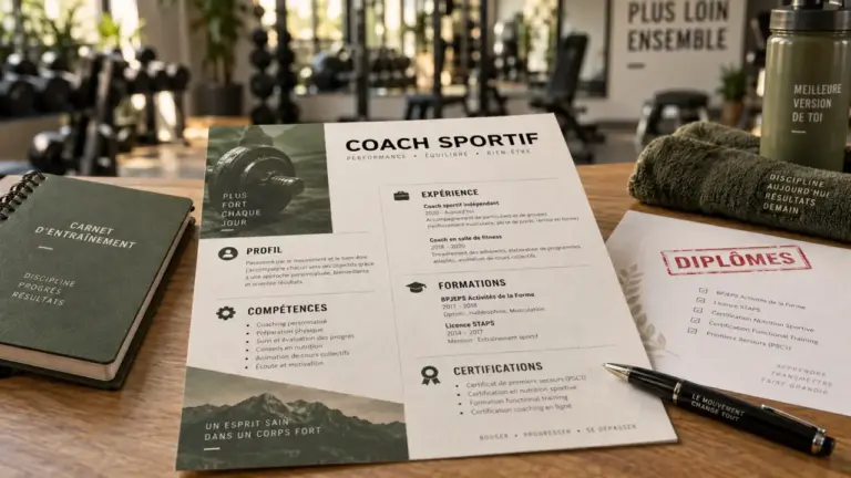 CV coach sportif avec rubriques de méthode sur table, salle de fitness floue