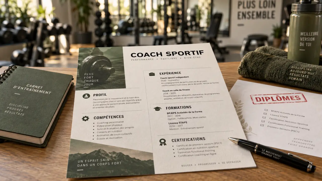 CV coach sportif avec rubriques de méthode sur table, salle de fitness floue