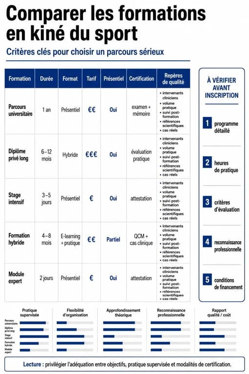 Comparatif formation kine du sport avec durée, prix, format et repères de qualité