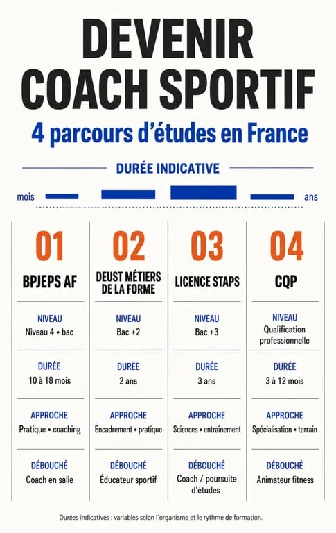 Infographie comparative des études pour devenir coach sportif : BPJEPS, DEUST, STAPS et CQP