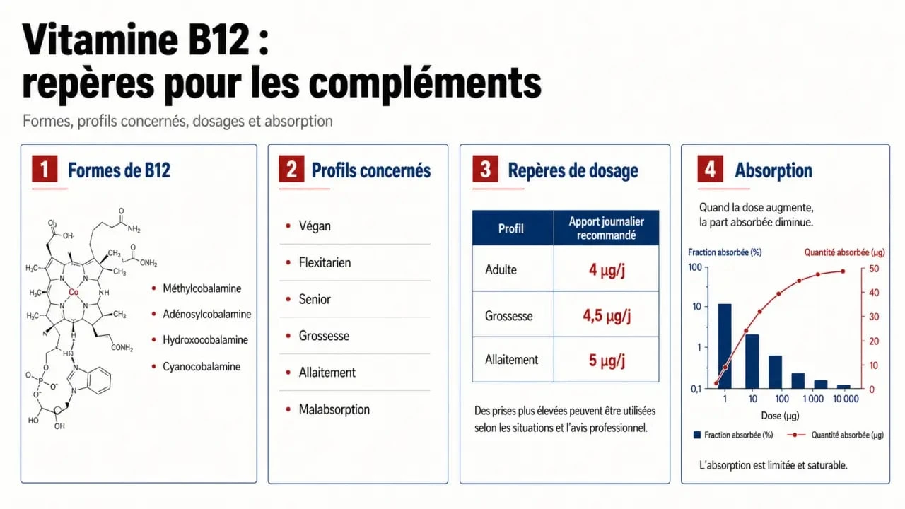 Vitamine B12 compléments alimentaires : visuel comparatif des formes, dosages et profils concernés