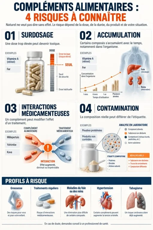 Infographie sur les compléments alimentaires dangereux, les interactions et les profils à risque
