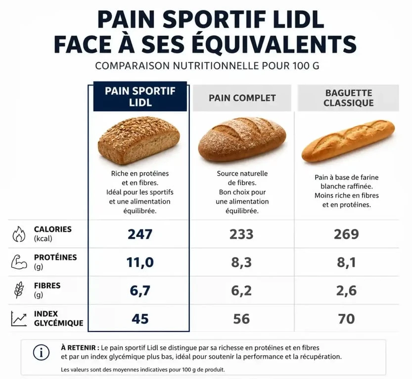 Comparaison nutritionnelle du pain sportif Lidl, pain complet et baguette classique