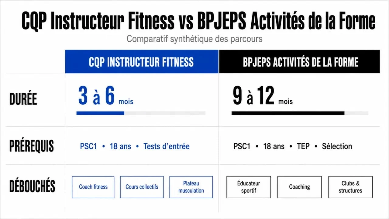 Infographie CQP coach sportif comparant CQP Instructeur Fitness et BPJEPS Activités de la Forme