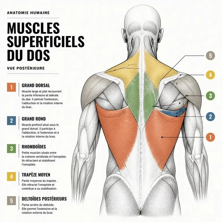 Schéma des muscles sollicités par le tirage horizontal : grand dorsal, rhomboïdes et trapèze moyen