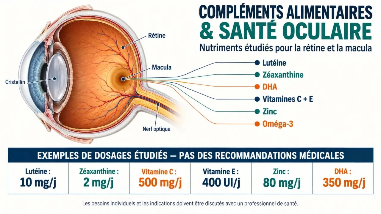 Infographie sur les compléments alimentaires pour les yeux, la macula et les principaux nutriments