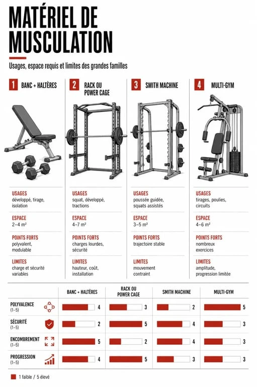 Matériel musculation : comparatif visuel des équipements banc, rack, Smith machine et multi-gym