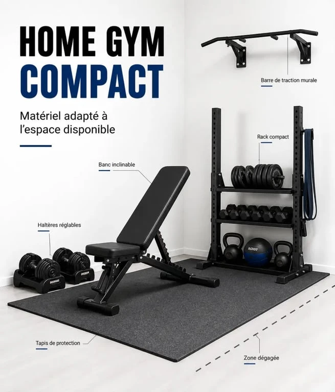 Matériel musculation pour home gym compact avec banc, haltères et rack