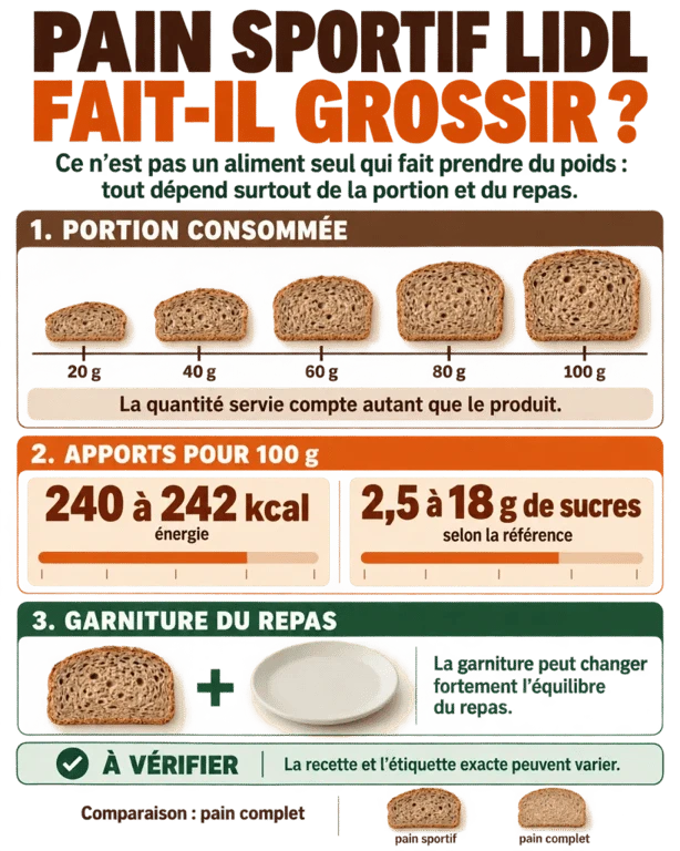 Infographie Pain sportif Lidl fait-il grossir : calories, sucres, portion et comparaison avec le pain complet