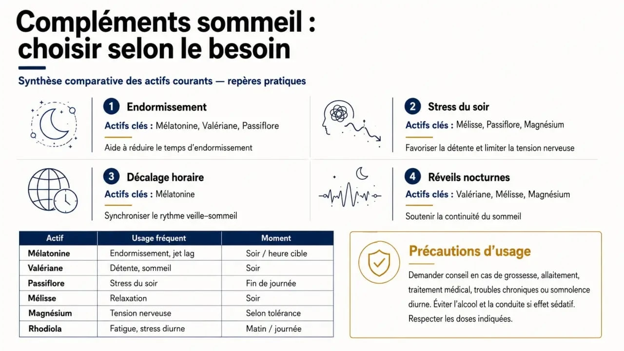 Compléments alimentaires pour dormir : comparaison visuelle des actifs et usages selon le type de trouble du sommeil