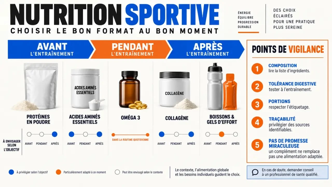 Infographie de nutrition sportive : formats de compléments, moments d’utilisation et points de vigilance