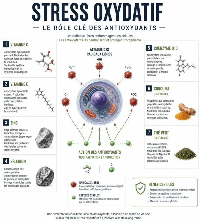 Compléments alimentaires anti oxydant : schéma éditorial sur le stress oxydatif et les actifs clés