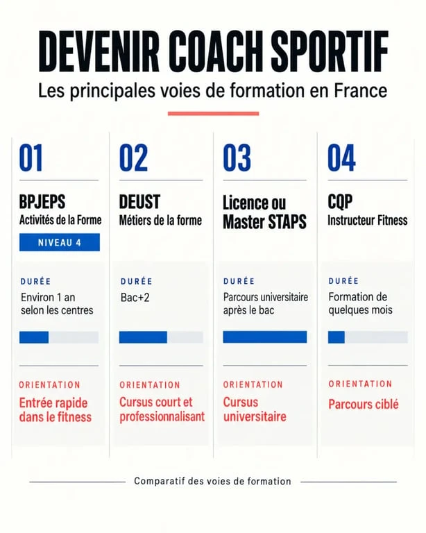 Infographie comparative des principales formations pour obtenir un diplome coach sportif en France