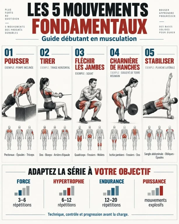 Infographie de musculation présentant les grands mouvements et les principaux groupes musculaires