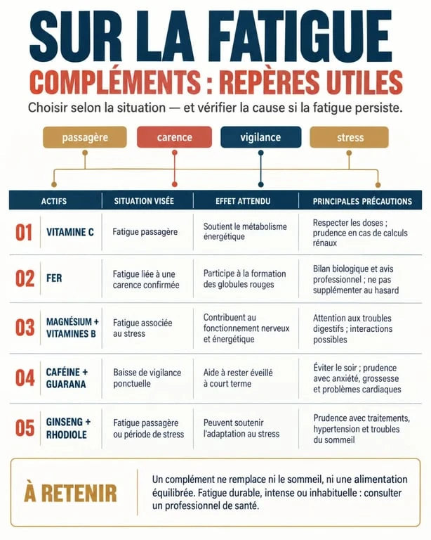 Infographie sur les compléments alimentaires fatigue, leurs usages et précautions