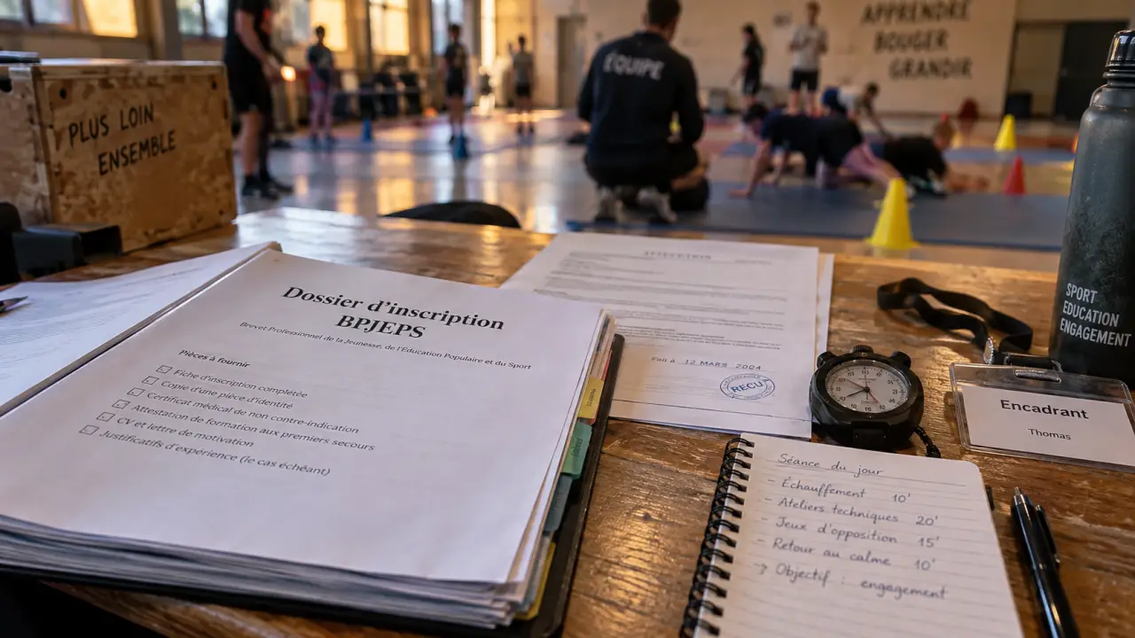 BPJEPS : dossier d’inscription sur table, chronomètre et activité sportive en arrière-plan
