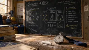 Formation prof de sport en EPS : séance au collège, craie et chronomètre