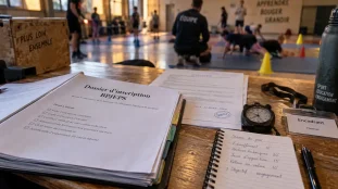 BPJEPS : dossier d’inscription sur table, chronomètre et activité sportive en arrière-plan