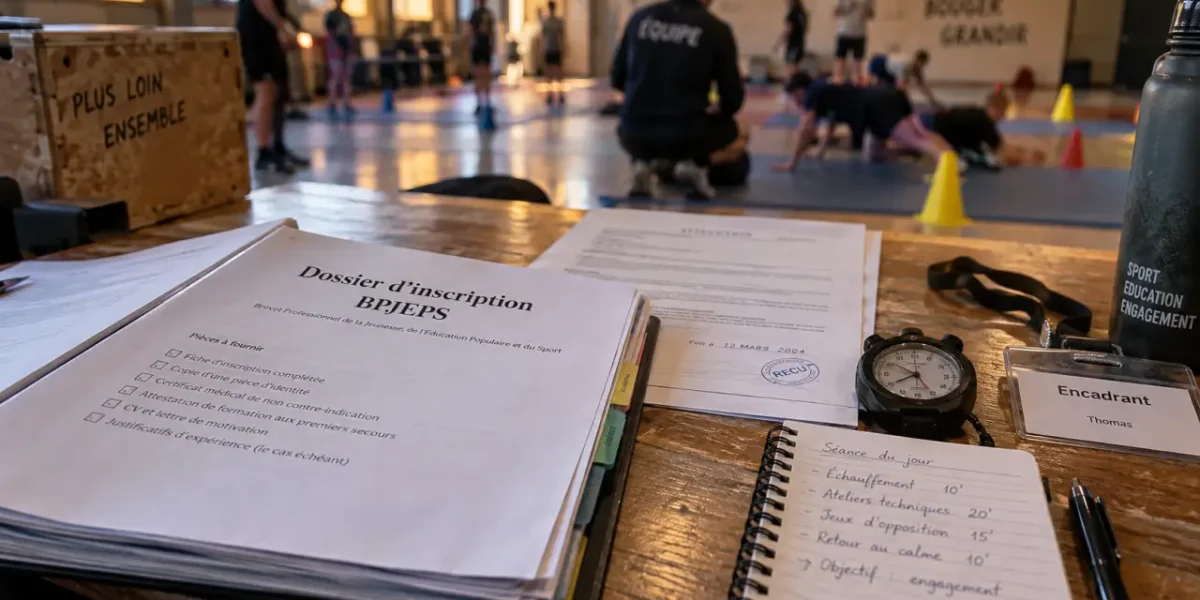 BPJEPS : dossier d’inscription sur table, chronomètre et activité sportive en arrière-plan