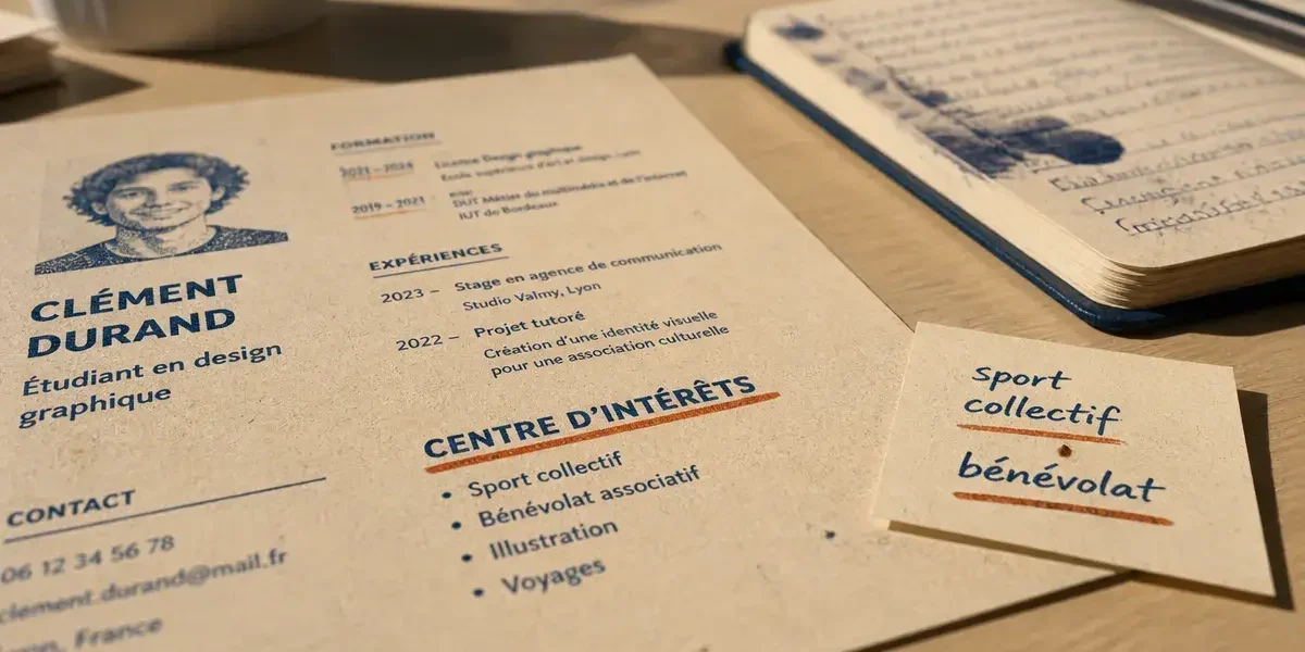 centre d intérêt cv : CV avec loisirs et bénévolat, photo sur bureau