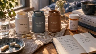 Compléments alimentaires fatigue : boîtes vitamine C, magnésium, caféine sur table