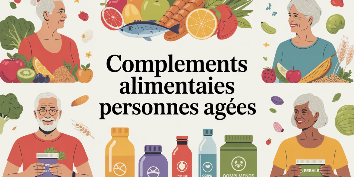 Illustration seniors aliments sains compléments alimentaires