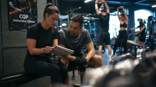 CQP coach sportif : entraîneuse montre un carnet de séance en salle de sport
