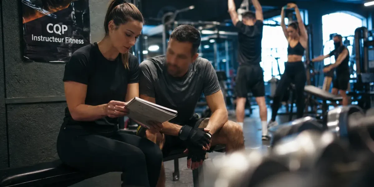 CQP coach sportif : entraîneuse montre un carnet de séance en salle de sport